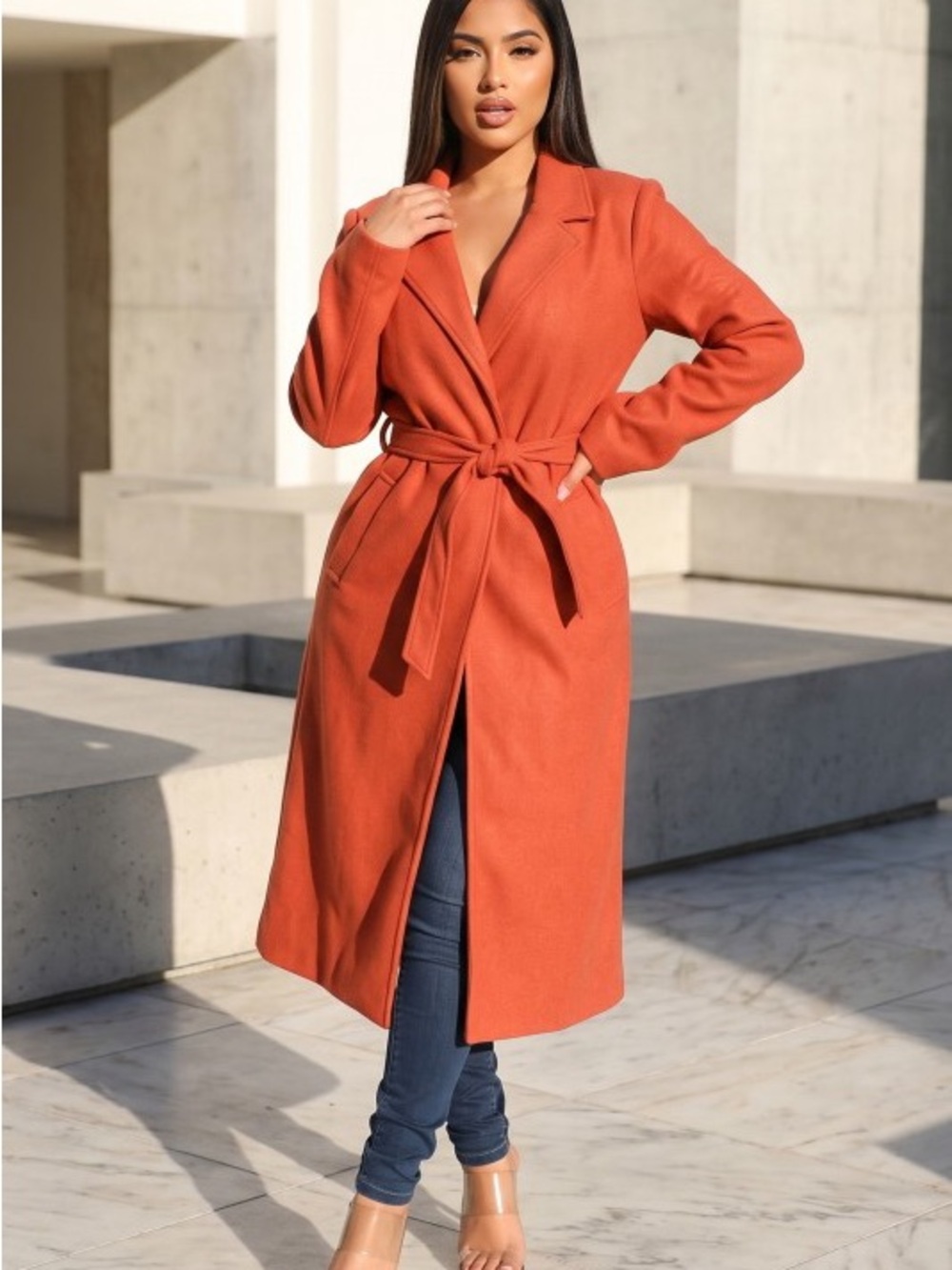 Long Wrap Belted Coat in Burnt Orange J-90435-RUS